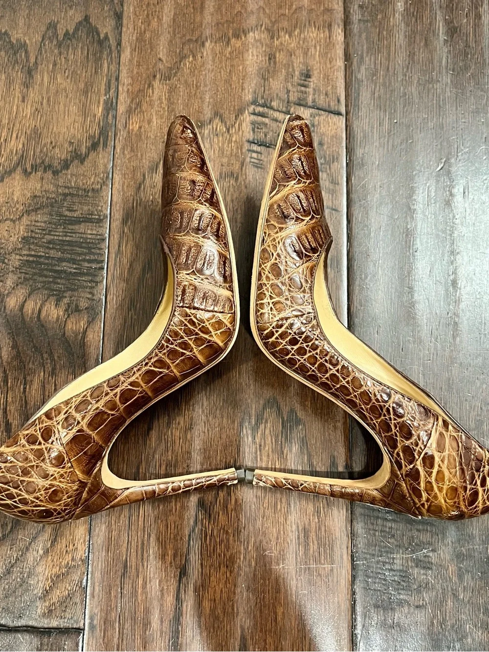 Alexandre Birman Brown Croc-Embossed Pointed Toe Stiletto Pumps